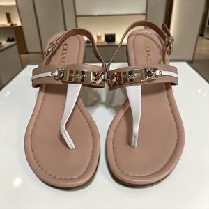 COACH Women's Caterine Nude and White T-Strap Thong Sandals! Size 7.5